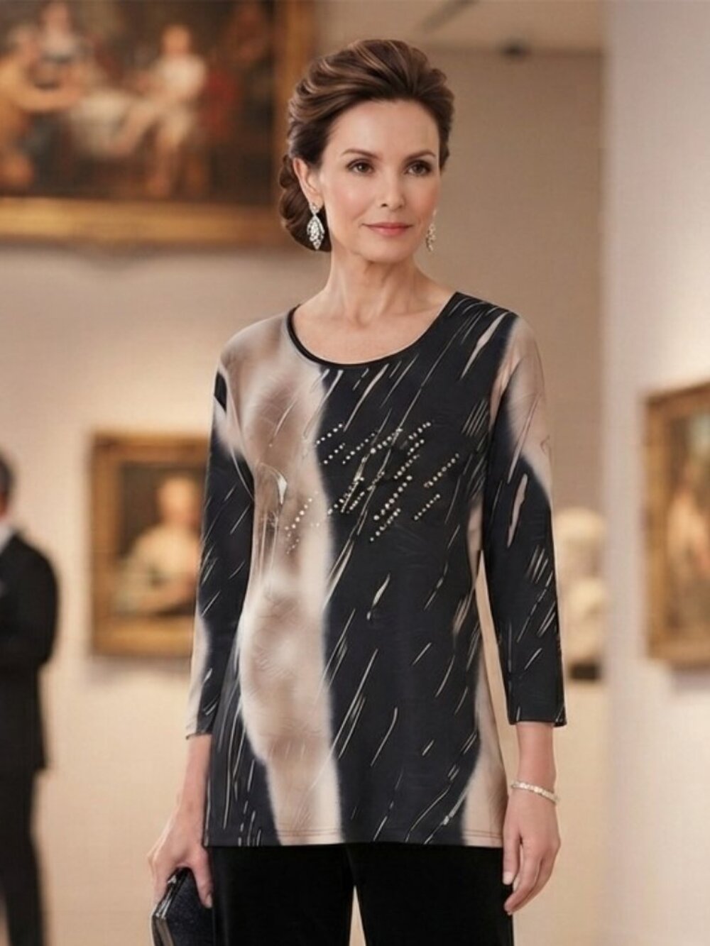 Sementa Abstract Print Rhinestone Embellished Tunic Top Size L 3/4 Sleeve Taupe